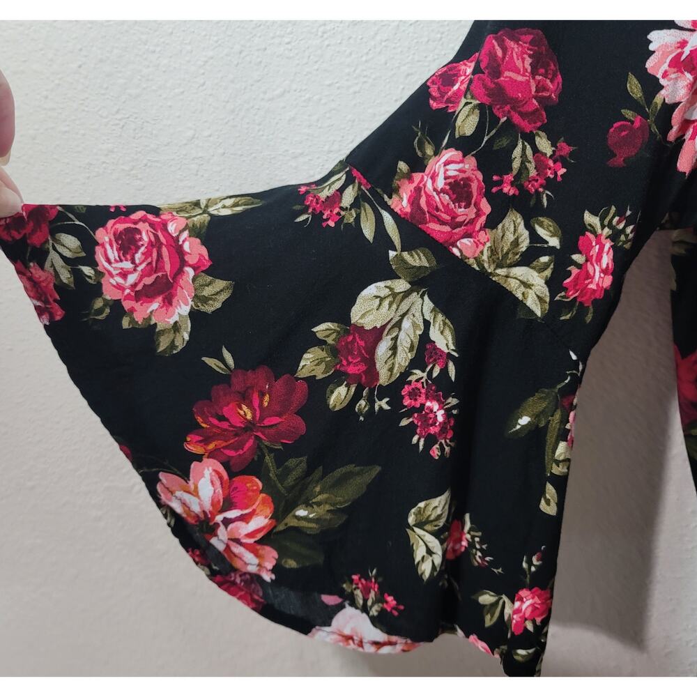 Ambiance Black Pink Red Flora Print Romper 3X Plus Ruffle Bell Sleeves Soft - Picture 2 of 6